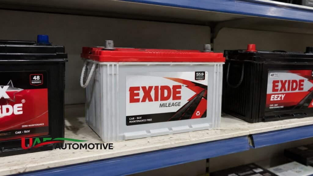 Exide car battery displayed on a retail shelf in a UAE auto parts store, showing a genuine maintenance-free automotive battery ready for purchase.