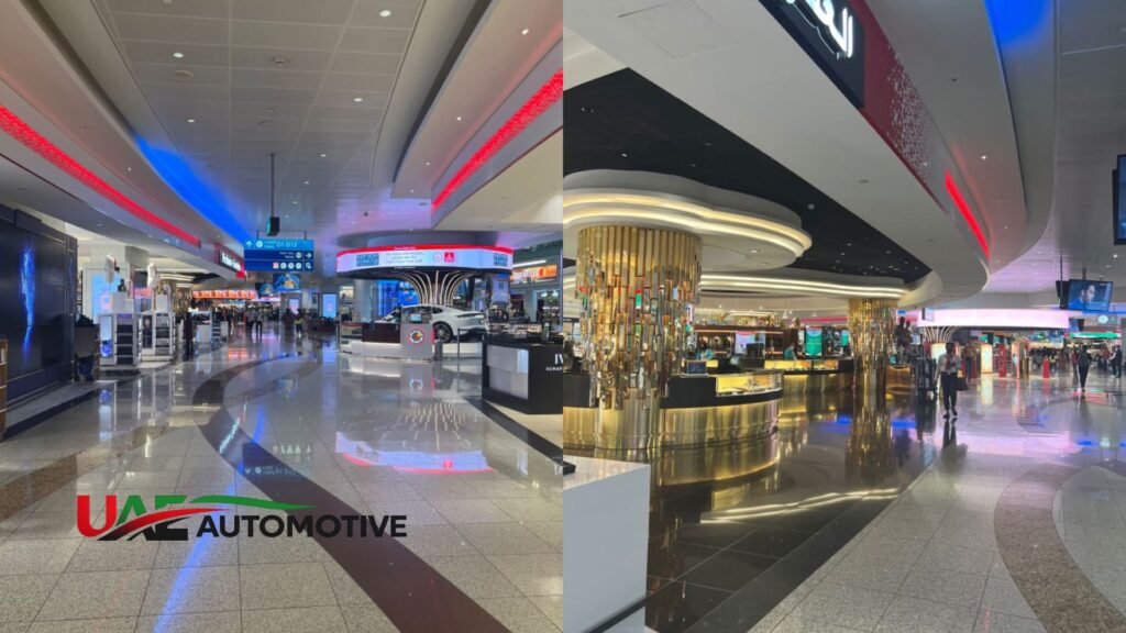 Dubai Airport Terminal 2 departure hall featuring Dubai Duty Free shopping area, luxury retail stores, polished walkways, illuminated signage, and travelers inside the modern terminal.