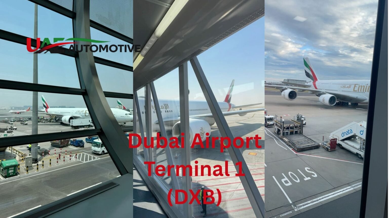 Collage showing Dubai Airport Terminal 1 (DXB) apron views with Emirates aircraft parked outside the terminal windows and passenger boarding bridge areas.