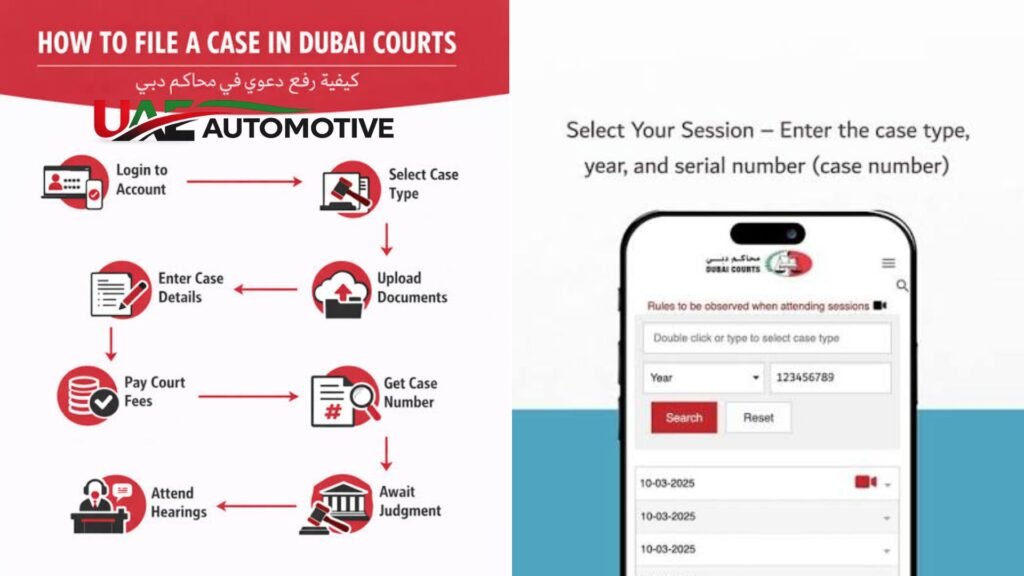 Dubai Courts case filing process infographic showing steps from login, selecting case type, uploading documents, entering details, paying fees, and tracking court proceedings online.