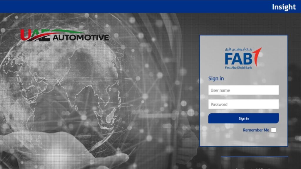 FAB online banking sign-in page displaying username and password fields, a Sign In button, Remember Me option, and the First Abu Dhabi Bank (FAB) logo for secure account access.