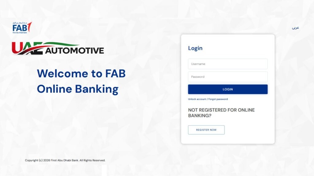 FAB Online Banking login page showing username and password fields, login button, account recovery options, and registration link for secure account access.