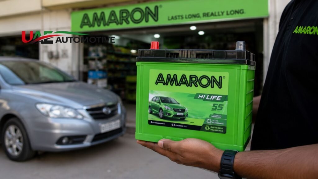 Technician holding an Amaron car battery outside an automotive battery shop with a parked sedan in the background.