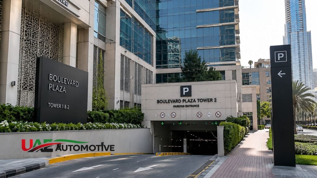 Parking entrance of Boulevard Plaza Tower 2 in Downtown Dubai with directional signage, modern glass towers, and landscaped surroundings.