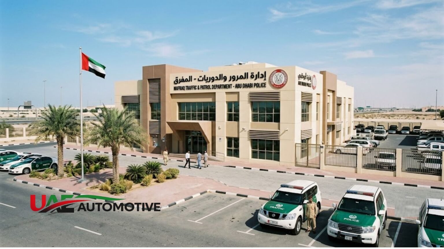 Mafraq Traffic Department Abu Dhabi: Location, Services, Fees & Insider Tips Front view of Mafraq Traffic and Patrol Department building in Abu Dhabi with UAE flag and police vehicles parked outside.