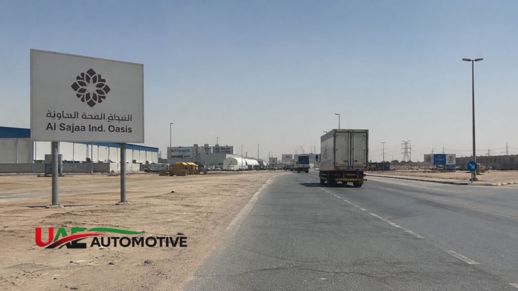 Road view of Al Sajaa Industrial Oasis in Sharjah showing industrial warehouses, trucks, and the official ASIO sign along a wide desert highway.