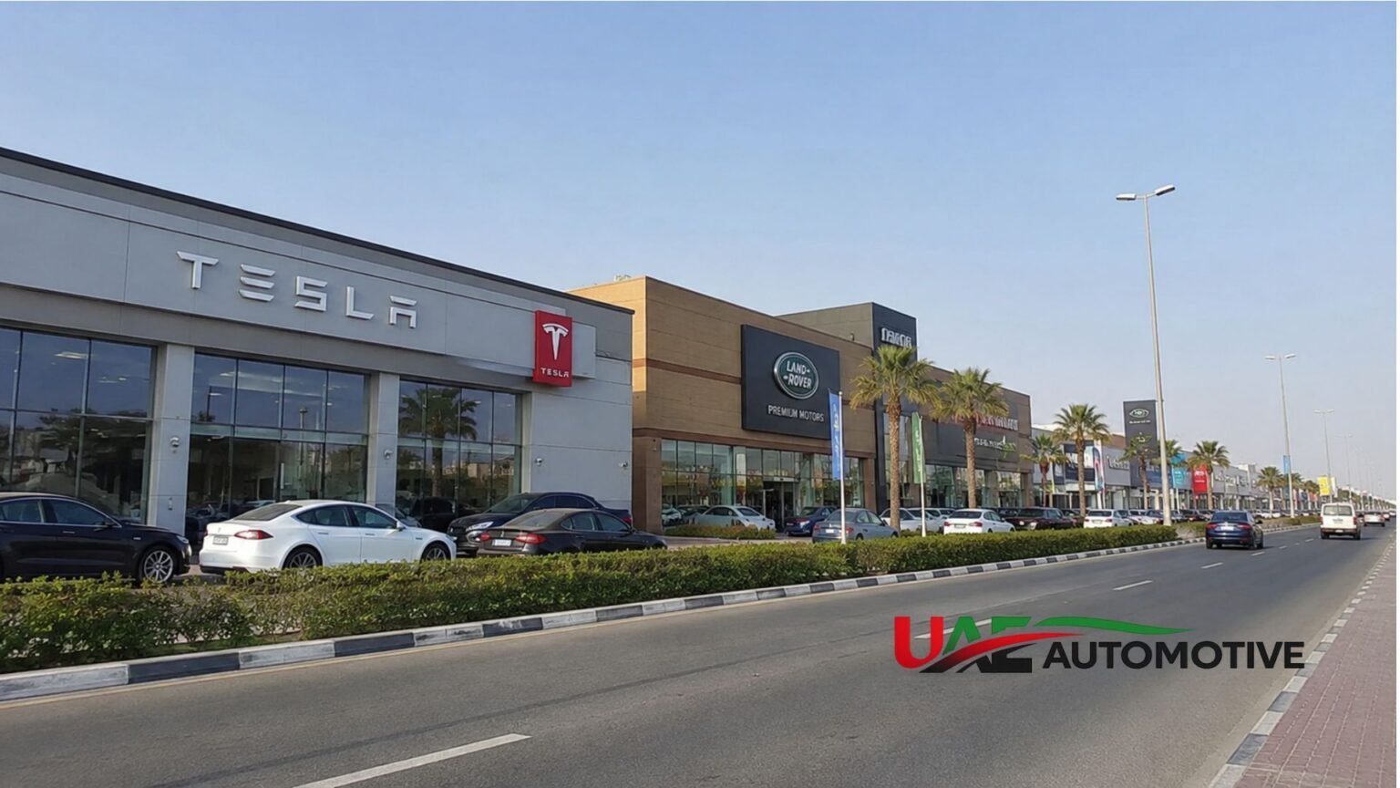 Muwaileh Commercial, Sharjah: What Car Owners Actually Need to Know (2026 Guide) Modern automotive dealerships and commercial buildings along Muwaileh Commercial in Sharjah with Tesla and Land Rover showrooms beside Sheikh Mohammed Bin Zayed Road.