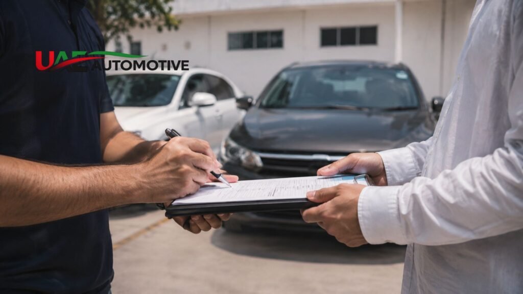 Two people signing car ownership transfer documents beside parked vehicles during a used car sale in Dubai.