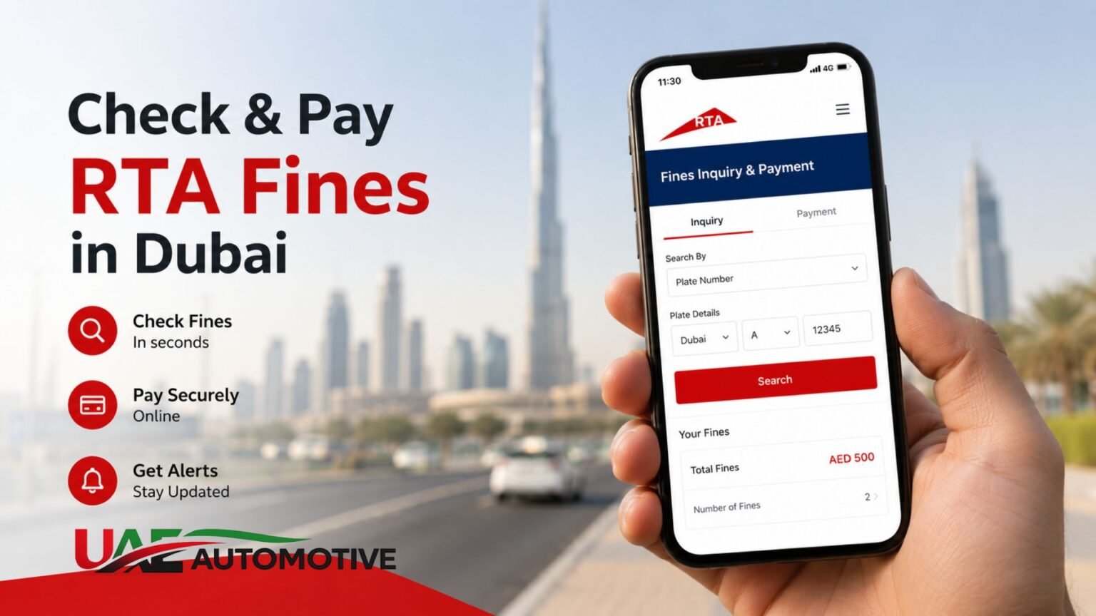 RTA Fines in Dubai: The Complete, Verified 2026 Guide Smartphone displaying Dubai RTA fines enquiry and payment portal with the Dubai skyline in the background.