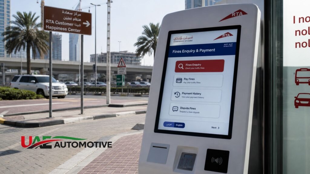 RTA self-service kiosk in Dubai displaying traffic fine enquiry and payment options near an RTA Customer Happiness Center.
