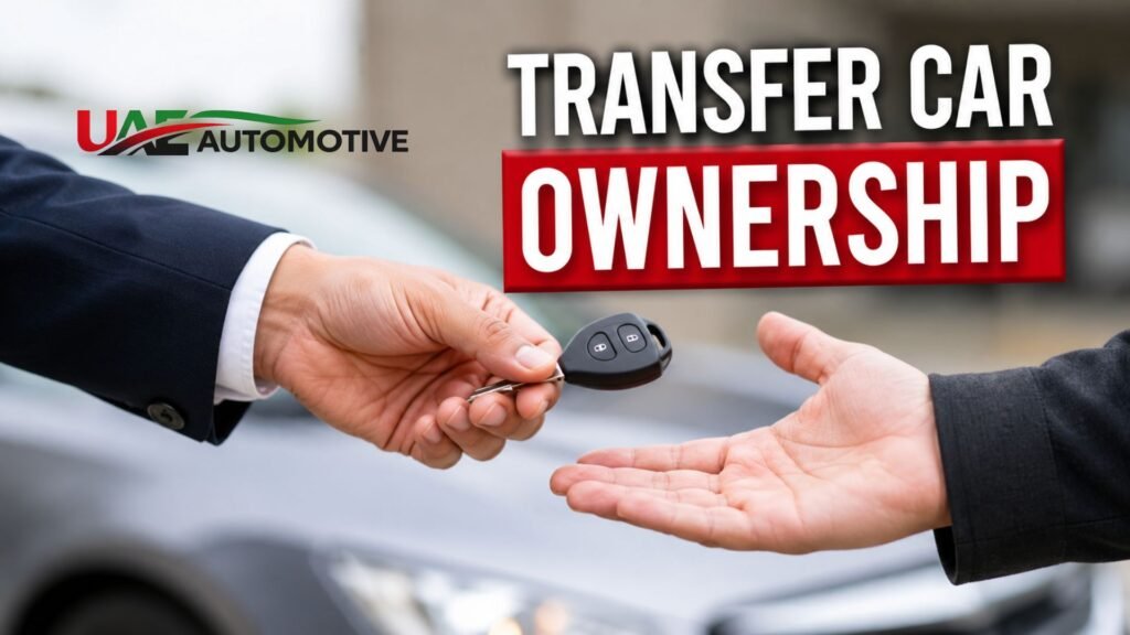Person handing over a car key during a vehicle ownership transfer with a parked car in the background.