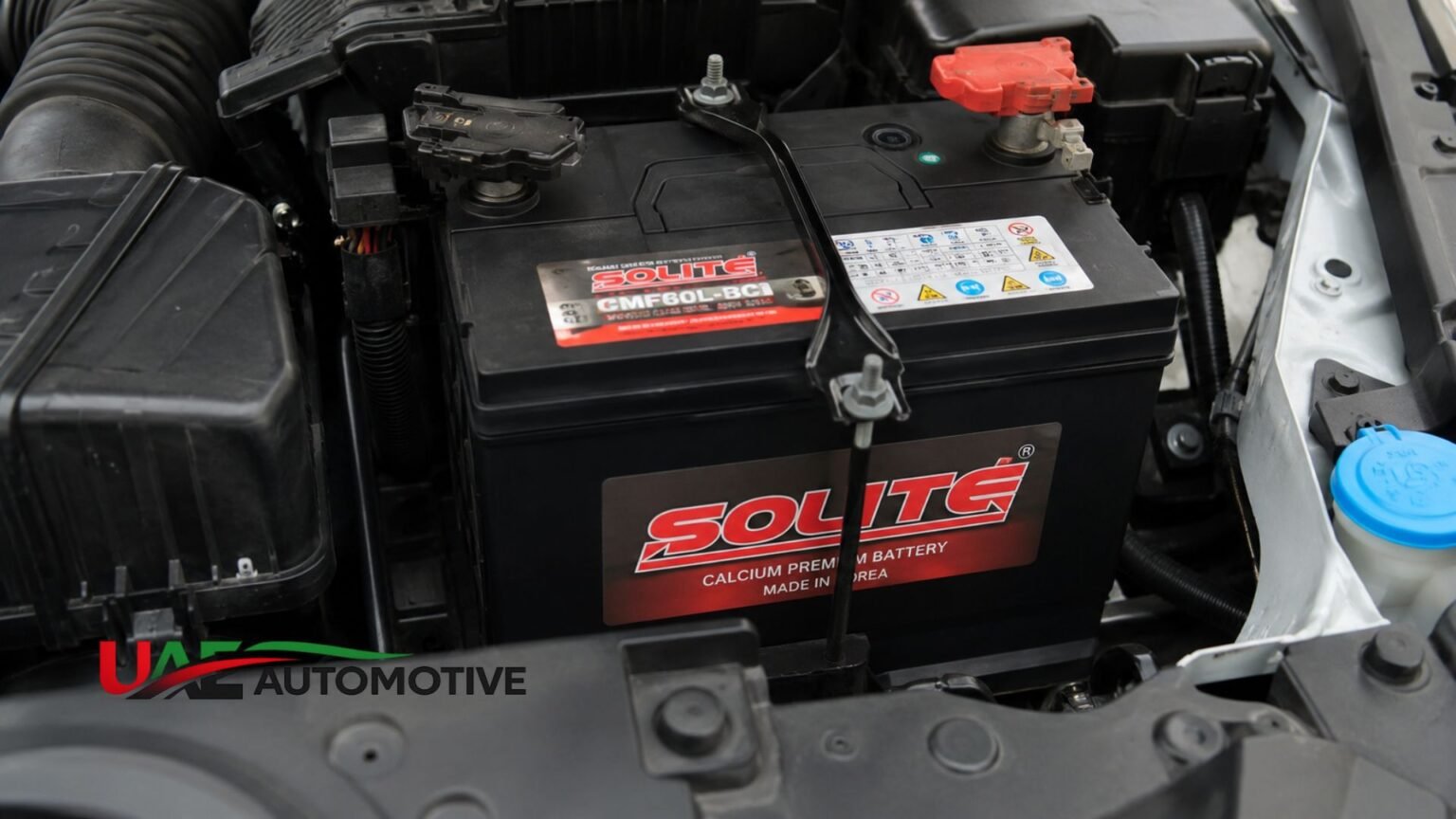 Solite Car Battery Price in UAE: Cost Guide by Size, Model & Location Solite car battery installed in a vehicle engine bay showing a maintenance-free automotive battery in the UAE.