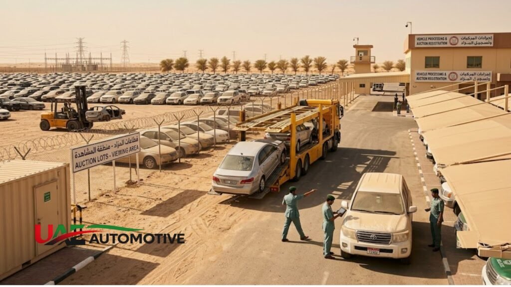 Large vehicle auction and registration yard in Abu Dhabi with hundreds of parked cars, transport trucks, and officials inspecting vehicles.