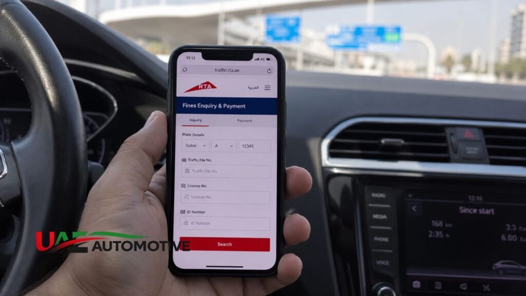 Person checking Dubai RTA traffic fines on a smartphone inside a car.