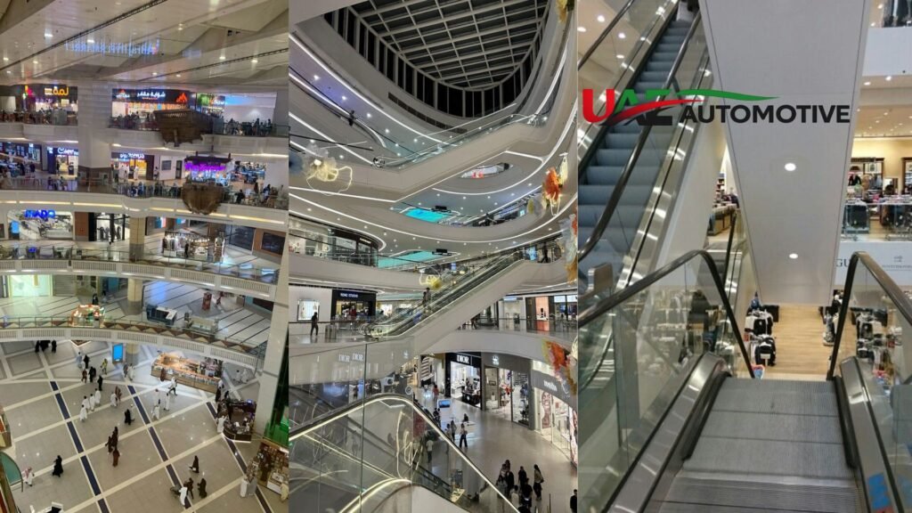 Collage showing the interior of a Dubai shopping mall with multi-level retail floors, escalators, fashion stores, and modern atrium architecture.